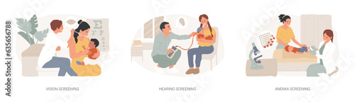 Newborn healthcare isolated concept vector illustration set. Vision and hearing screening, anemia diagnosis, primary care, pediatric exam, genetic disorder test, iron deficiency vector concept.