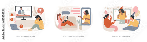 Quarantine lifestyle isolated concept vector illustration set. Limit your news intake, stay connected to people, virtual Holiday party, friends meetup, online communication, anxiety vector concept.