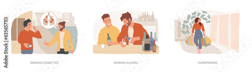 Bad habits isolated concept vector illustration set. Smoking cigarettes, drinking alcohol, overspending, tobacco and nicotine addiction, alcoholism therapy, budget planning, stress vector concept.