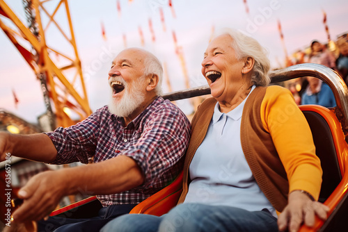 An elderly couple enjoying a thrilling roller coaster ride with contagious laughter