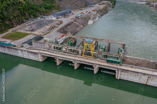 Dam of Kirnati Hydroelectric power plant on Chorokh river, Georgia, aerial drone view photo