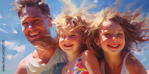 Father with two daughters smiling happily