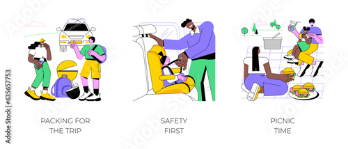 Roadtripping isolated cartoon vector illustrations set. Packing for the trip, friends pack barbecue grill in the car trunk, safety first, fasten seat belt, family having picnic vector cartoon. © Vector Juice