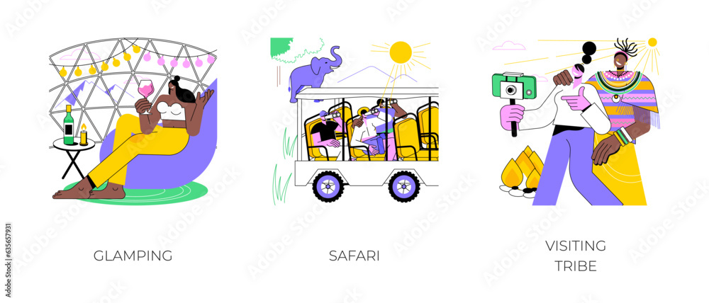 Concept tour isolated cartoon vector illustrations set. Glamping vacation, luxury camping, live in nature, safari trip, traveling to Africa, visiting a tribe, traditional culture vector cartoon. Concept tour isolated cartoon vector illustrations set. Glamping vacation, luxury camping, live in nature, safari trip, traveling to Africa, visiting a tribe, traditional culture vector cartoon.