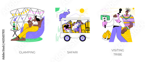 Concept tour isolated cartoon vector illustrations set. Glamping vacation, luxury camping, live in nature, safari trip, traveling to Africa, visiting a tribe, traditional culture vector cartoon.