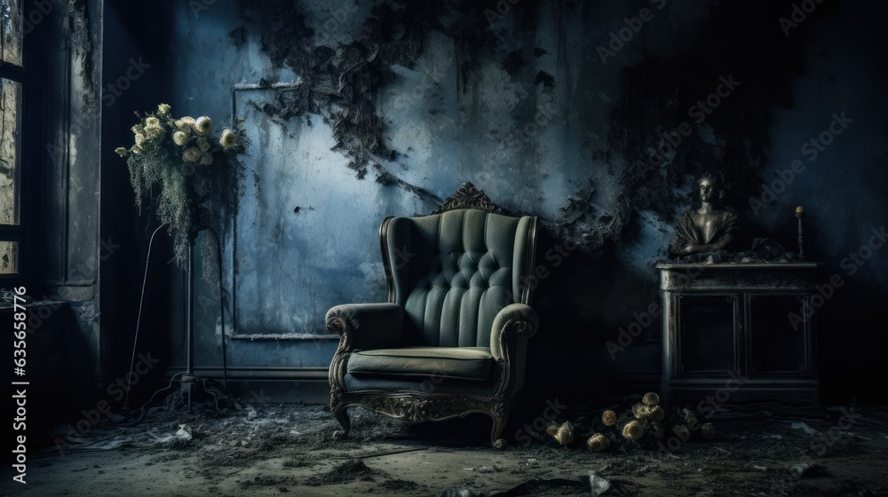 Forgotten Shadows: Abandoned Room Armchair Chronicles. Generative AI