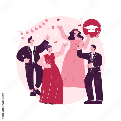 Prom party abstract concept vector illustration. Prom night invitation, promenade school dance, graduate occasion, school ball, students party, glamorous event, special night abstract metaphor.