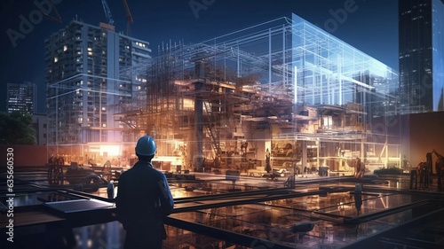 illustration of digital design of buildings with graphic design, Working civil engineers, architects or construction workers, double exposure