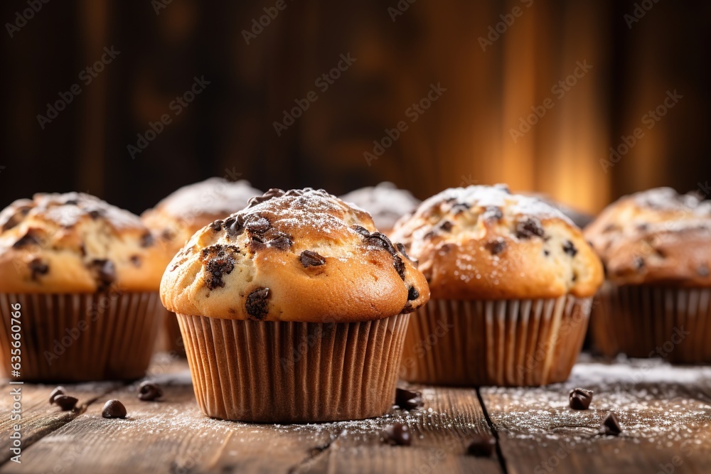 Chocolate muffins with raisins and icing sugar on wooden background with copy space.