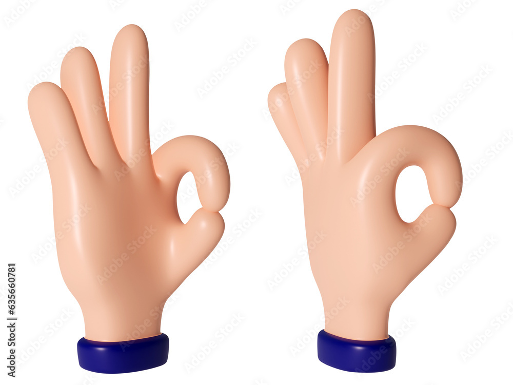 3d hand with ok symbol, two views, no background