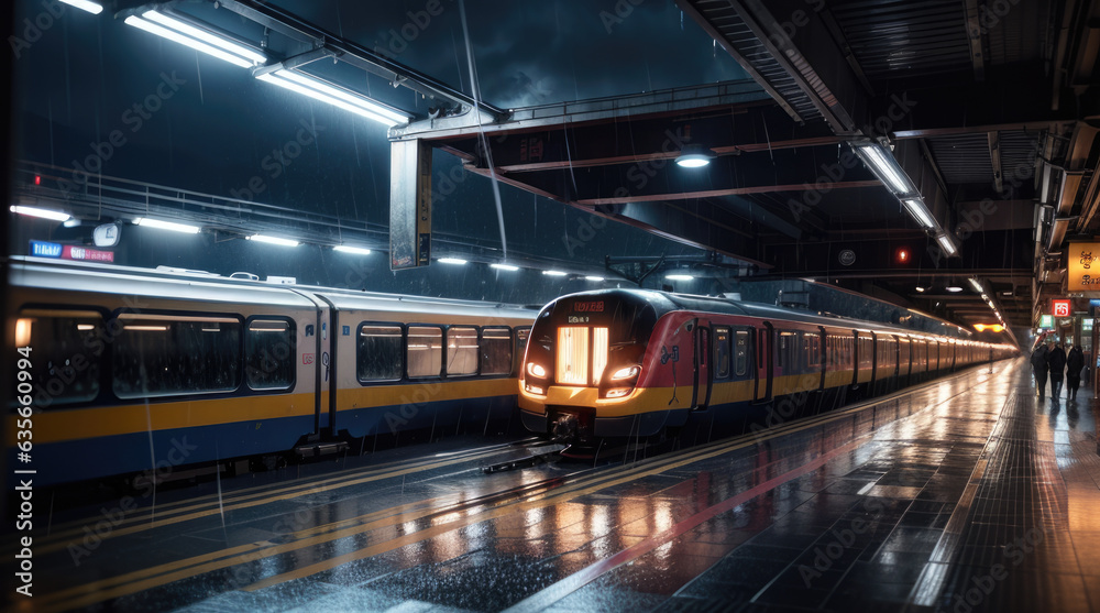 train in station rainy at night - Generative AI