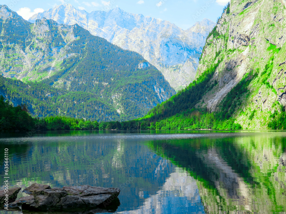 Lake Obersee, Berchtesgaden, Bavaria, germany. Nature landscape, reserve national park. Spectacular view Alps mountain and Lake Obersee. Konigsee panorama. 