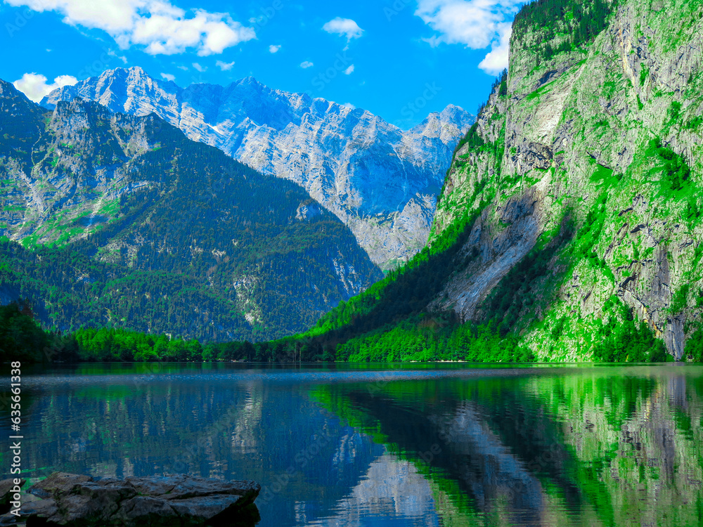 Lake Obersee, Berchtesgaden, Bavaria, germany. Nature landscape, reserve national park. Spectacular view Alps mountain and Lake Obersee. Konigsee panorama. 