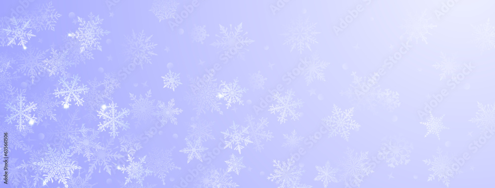 Christmas background of beautiful complex big and small snowflakes in light purple colors. Winter illustration with falling snow