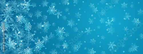 Christmas background of beautiful complex big and small snowflakes in blue colors. Winter illustration with falling snow