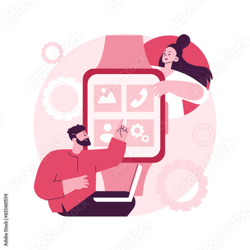 Smartwatches mobile apps development abstract concept vector illustration. Wearable devices software, application dev team, app technical requirement, cross-platform interaction abstract metaphor.