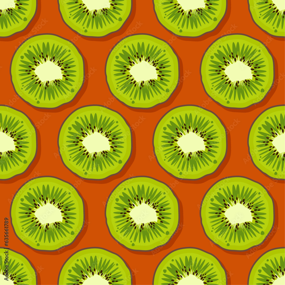 Kiwi fruit pattern. Trendy bright design exotic fruits on orange background. Fresh juicy green Hawaiian fruits. Vector illustration for wallpapers,textile, web, app, notebooks, case, wrapping paper Kiwi fruit pattern. Trendy bright design exotic fruits on orange background. Fresh juicy green Hawaiian fruits. Vector illustration for wallpapers,textile, web, app, notebooks, case, wrapping paper