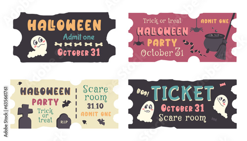 Happy Halloween. Set of holiday tickets isolated. Color hand drawn template of coupon. Smiling cute ghost, spooky cemetery, witch’s potion cauldron, silhouette of bat.Vector cartoon illustration