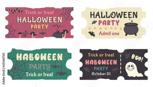 Set of Halloween tickets template with color text.Traditional hand drawn coupon and invitation. Cute ghost, silhouette of bat, spider, witch’s potion cauldron, cobweb, pumpkin. Vector illustration