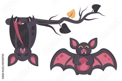 Happy Halloween. Set of cute cartoon bats isolated. Spooky animal with wings spread and upside down on branch. Funny scary character. Vector flat illustration for decoration party, holiday, card