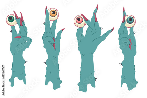 Spooky Hands of monster, zombie. Witch's hands holding color eyes. Set of creepy cartoon fingers isolated. Vector flat illustration for decoration Halloween party, holiday, card