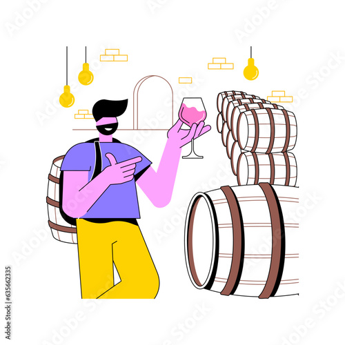 Visit cellars isolated cartoon vector illustrations. Young smiling man at cellar with barrels of wine, traveling time, wine concept tour, storage room for alcohol bottles vector cartoon.