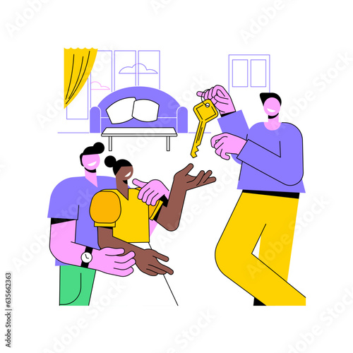 Apartment check-in isolated cartoon vector illustrations. Couple receives keys to the rented apartment for their city trip, holiday home, cultural experience, people lifestyle vector cartoon.