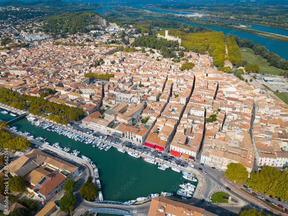 Aerial view of historic center of Beaucaire city, France