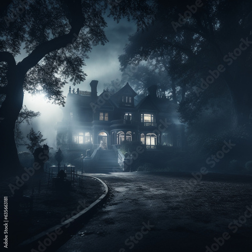 Haunted mansion in midnight fog