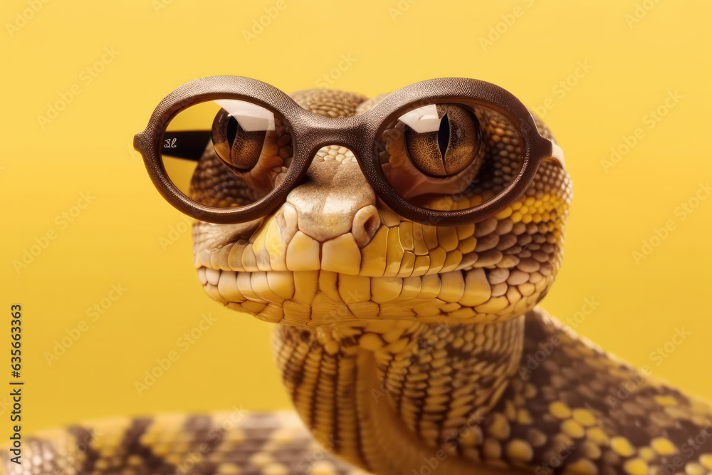 Fototapeta premium A humorous snake in sunglasses, a creature of humor and fun in the wild. With its slithering and crawling behavior, a fascinating fauna in nature and biology. AI Generative.