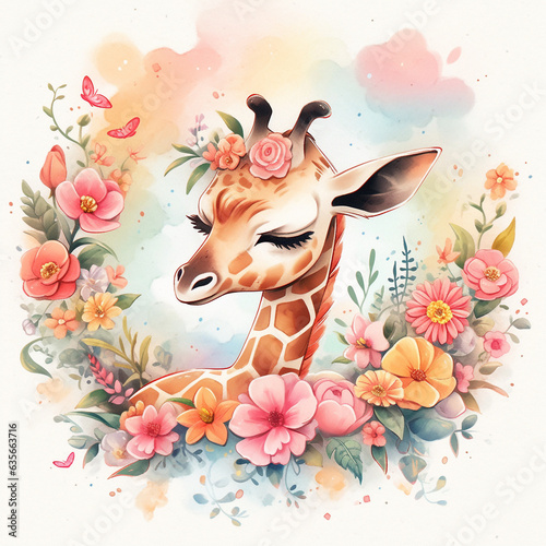 Colorful Flowers with Baby Giraffe and Space for Text  Watercolor Style  Pastel Colors  Childlike Style  Hand-Drawn