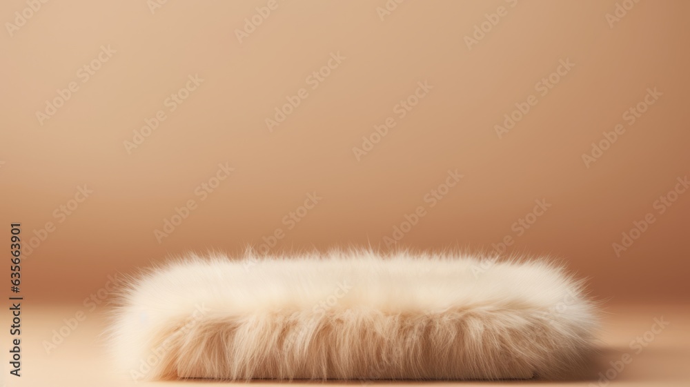Beige Fur Abstract Minimalistic Product Podium. The Scene for Product Presentation. 3D Room with Geometric Platform Stage Pedestal. Ai Generated Podium Mockup for a Product advertisement. Beige Fur Abstract Minimalistic Product Podium. The Scene for Product Presentation. 3D Room with Geometric Platform Stage Pedestal. Ai Generated Podium Mockup for a Product advertisement.