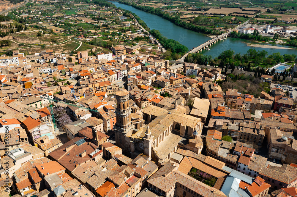 Bird's eye view of Tudela, Navarre, Spain. Ebro River and Cathedral of Saint Mary visible from above.