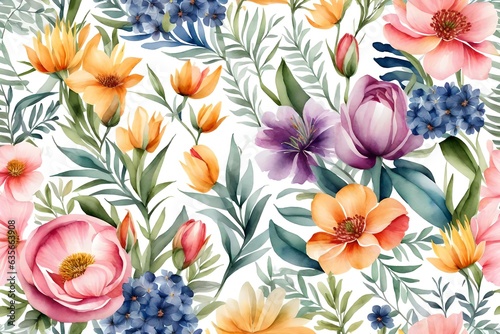 Seamless watercolor floral pattern. Loose flowers painting