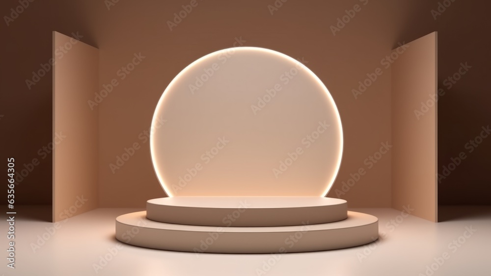 Beige LED Abstract Minimalistic Product Podium. The Scene for Product Presentation. 3D Room with Geometric Platform Stage Pedestal. Ai Generated Podium Mockup for a Product advertisement. Beige LED Abstract Minimalistic Product Podium. The Scene for Product Presentation. 3D Room with Geometric Platform Stage Pedestal. Ai Generated Podium Mockup for a Product advertisement.