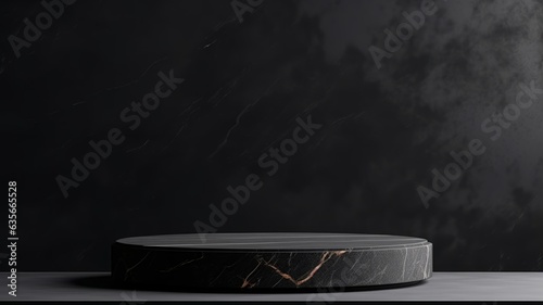 Black Marble Stone Abstract Minimalistic Product Podium. The Scene for Product Presentation. 3D Room with Geometric Platform Stage Pedestal. Ai Generated Podium Mockup for a Product advertisement.