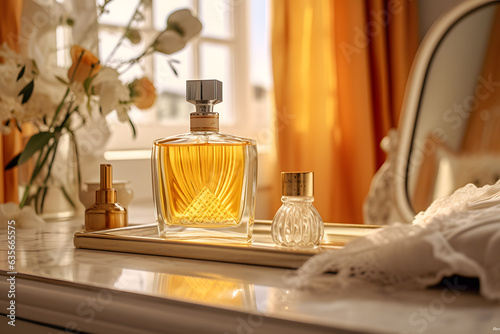 Luxury perfume bottle with golden liquid on a tray