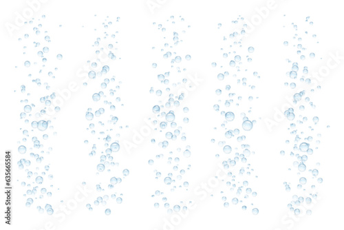 Carbonated sparkling water, soft drink or champagne fizzing bubbles. Soda effervescent or drug dissolving. Aeration flow blue realistic 3d abstract vector.