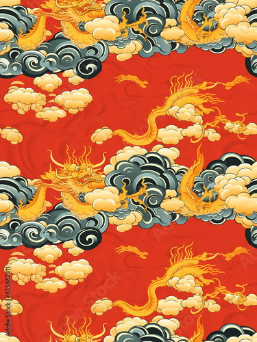 Chinese style seamless wallpaper design with gold dragons in the cloud. 