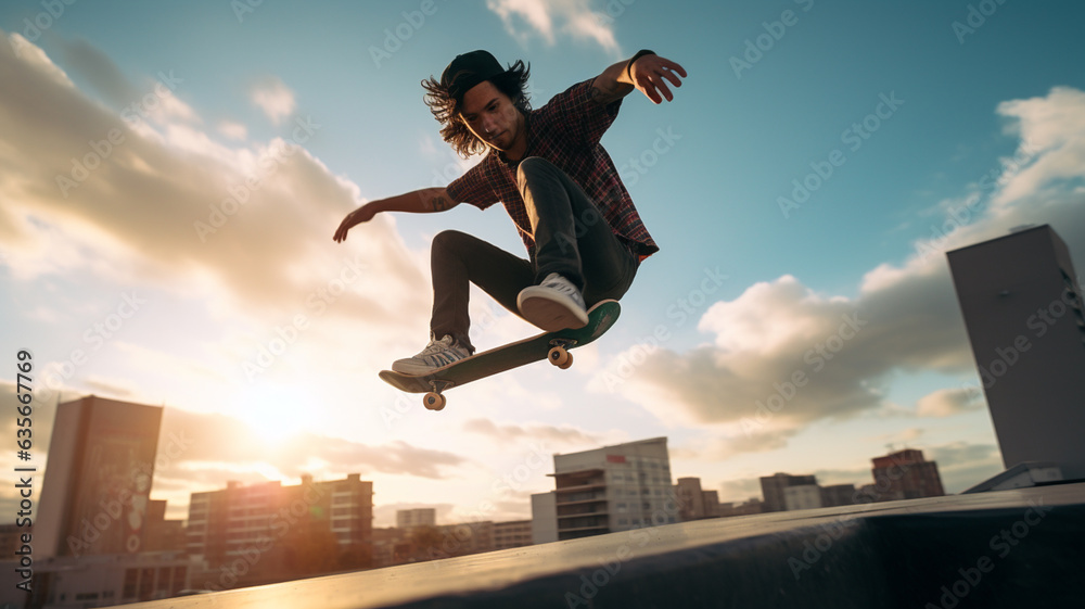 Young male skateboarding in skate park in city, extreme sports and outdoor adventure Young male skateboarding in skate park in city, extreme sports and outdoor adventure