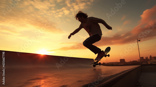 Young male skateboarding in skate park in city, extreme sports and outdoor adventure
