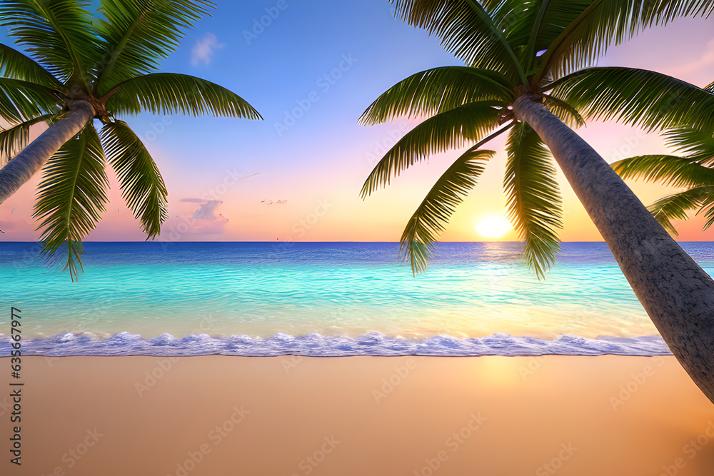 Beach with crystal clear blue water and sunset