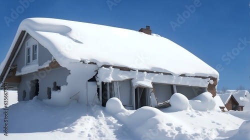 雪の重みでで倒壊しそうな家、大雪、屋根の上の雪｜Houses about to collapse under the weight of snow, heavy snowfall, snow on roofs. Generative AI