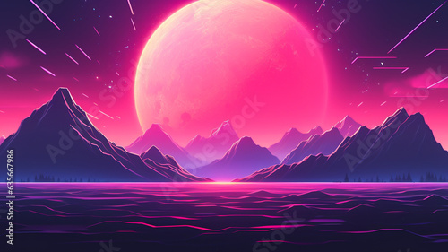 Synthwave 3d retro cyberpunk style landscape background banner or wallpaper. Bright neon pink and purple colors  generative ai