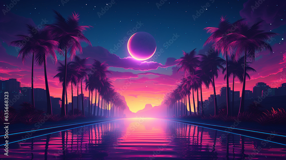 Synthwave 3d retro cyberpunk style landscape background banner or ...
