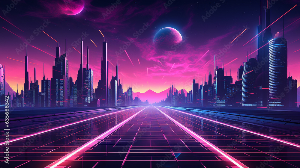 Synthwave 3d retro cyberpunk style landscape background banner or ...