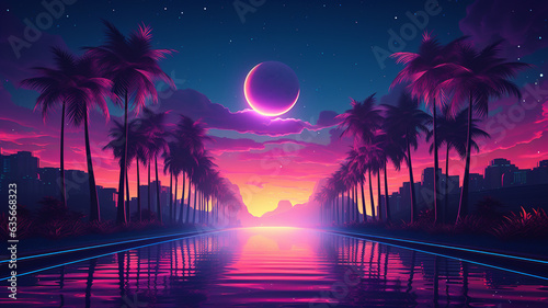 Synthwave 3d retro cyberpunk style landscape background banner or wallpaper. Bright neon pink and purple colors, generative ai © Artofinnovation