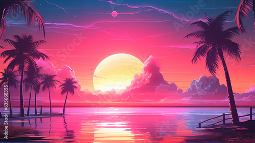 Synthwave 3d retro cyberpunk style landscape background banner or wallpaper. Bright neon pink and purple colors  generative ai
