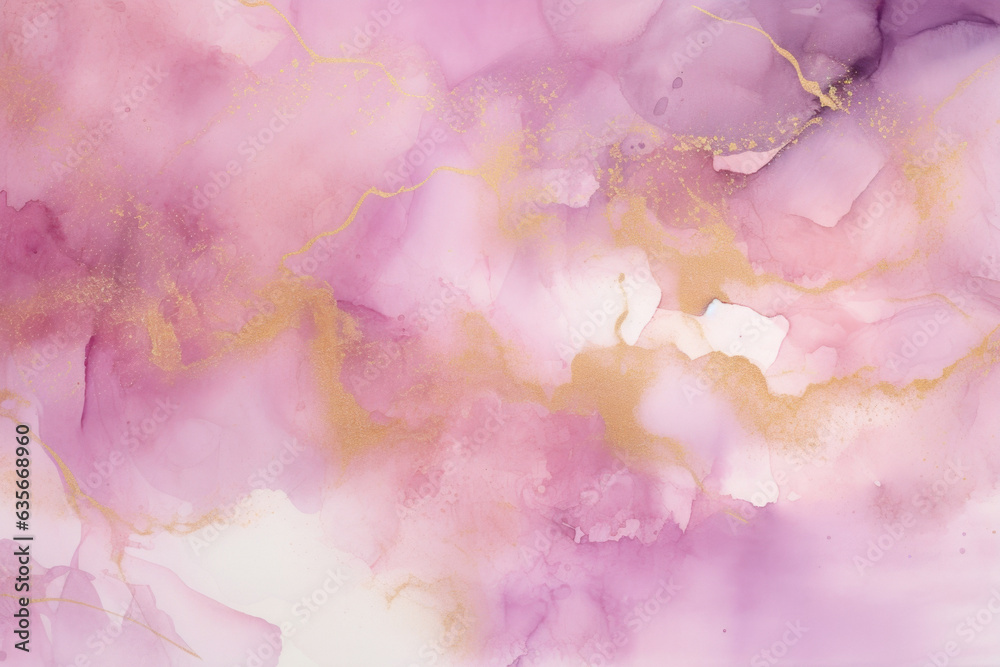 Liquid Gold Magenta Texture. Watercolor Design, Abstract Flow, Pink and Lilac Patterns, Splashes, Spots, Fluidity Waves, Artistic Painting, Elegant Background. Generative AI.