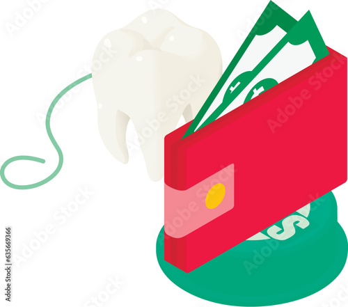 Teeth care icon isometric vector. Human tooth near dental floss and money wallet. Dentistry, stomatology, prevention concept